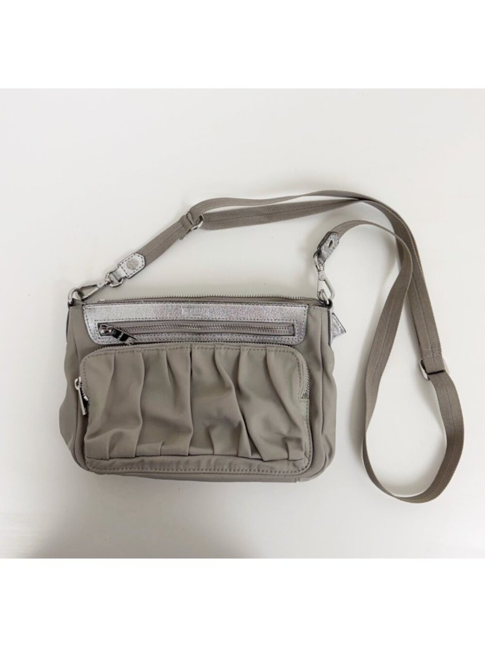 MZ WALLACE Gray Silver Nylon Abbey Crossbody Bag Pleated Zipper Silver Hardware